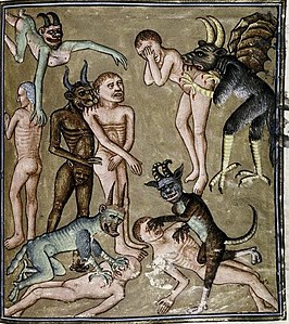 Demonios practicando canibalismo en el Livre la Vigne nostre Seigneur f.100r 1450-1470