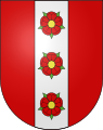 Escudo de la comuna suiza de Morens, con campo y tres rosas de gules, estas sobre un palo de plata.