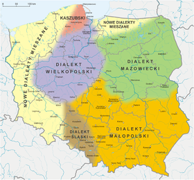 Rozšíření kašubštiny (červenou barvou) na mapě Polska