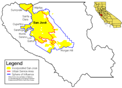 Localizarea San Jose în limitele Comitatul Santa Clara, California