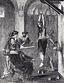 gravure montrant une femme pendue par les bras, avec des poids attachés aux chevilles ; trois juges sont devant elles et l'interrogent.