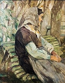   Vieille femme assise sur un banc à Céleyran