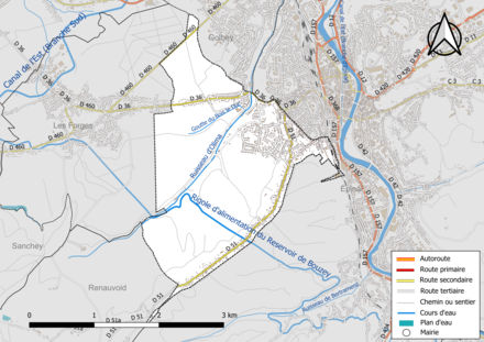 Carte en couleur présentant le réseau hydrographique de la commune