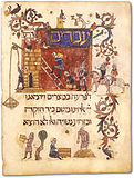 Hebreos en esclavitud en Egipto. Hagadá Barcelona, arte sefardí, 1350, fol. 30v. Inscripción en hebreo: "Esclavos fuimos de Faraón en Egipto."[35]​