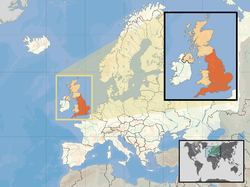 Ibùdó ilẹ̀  Ilẹ̀gẹ̀ẹ́sì  (inset — orange) in the United Kingdom (camel) ní the European continent  (white)