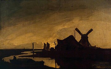 Peinture représentant les rives d'un fleuve la nuit : les silhouettes de voiles de bateau et d'un moulin à vent se découpent sur un ciel orange.