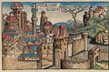 Babilonia na Schedelsche Weltchronik o Crónica de Núremberg (1493), imaxinada como una ciudá europea cercada del sieglu XV, coles sos cases de teyaos nórdicos, anque con delles cúpules similares a la de Brunelleschi en Florencia y una columna al estilu de la Columna Trajana.