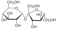 Đường sucrose hình thành từ một đơn phân glucose (trái) liên kết với một đơn phân fructose (phải).