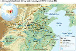 Map of the Chinese plain in the 5th century BC. The state of Yue is located in the southeast corner.