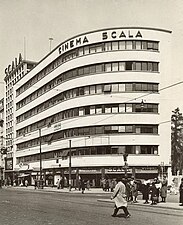 Cinema Scala (Bulevardul Gheorghe Magheru nr. 2-4), 1935, de Rudolf Fränkel,[43] un alt exemplu de arhitectură Art Deco, mai exact modernism pachetbot