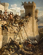 Der Marschall der Hospitaliter, Mathieu de Clermont, verteidigt die Mauern von Akkon. Darstellung aus dem 19. Jahrhundert