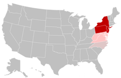 U.S. states in the northern half of the Mid-Atlantic region (highlighted in dark red), states in the southern half of the Mid-Atlantic region (highlighted in pink). North Carolina (which is included occasionally) is highlighted in grayish-pink.