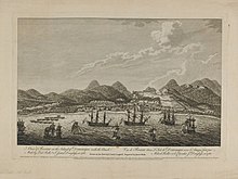 Vue de Roseau sur l'île de la Dominique, James Peake et Lt. Archibald Campbell, 1761.