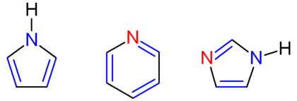 Aromaciteit. In het blauw staan aangeduid: de dubbele bindingen en het stikstofatoom waarvan het vrije elektronenpaar bijdragen tot de aromaticiteit, bij pyrrool (links), pyridine (midden) en imidazool (rechts). In het rood staan de stikstofatomen waarvan het vrije elekronenpaar niet deelneemt aan de aromaticiteit.