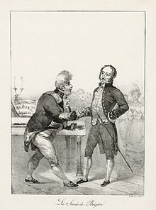 kresba baculatého muže v šatech soudce zdravícího muže štíhlejšího, plešatějšího a také ve formálních šatech soudce