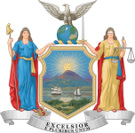 Las figuras alegóricas Libertad y Justicia con los ojos vendados sostienen un escudo en la bandera del Gran sello del estado de Nueva York