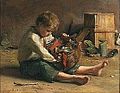 Émilie Mundt : Enfant assis fouillant dans un panier (tableau peint à Pont-Aven)