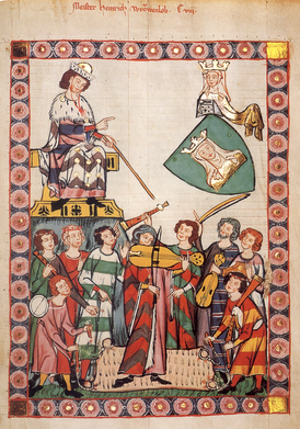 Фрауэнлоб (вверху) изображён как руководитель группы из 9 музыкантов-инструменталистов (Манесский кодекс, f.399)