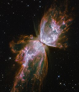 NGC 6302, Akrep takımyıldızı bölgesinde bulunan çiftkutuplu gezegenimsi bulutsu. (Üreten: NASA, ESA)