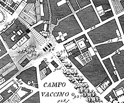 Sant'Adriano al Foro Romano (nummer 94) på Giovanni Battista Nollis topografiska karta över Rom från år 1748. Övriga avbildade byggnader i urval: 81) San Lorenzo in Miranda (Antoninus Pius och Faustinas tempel), 92) Santa Maria in Macello Martyrum, 95) Oratorio di Santa Maria del Riscatto, 96) Septimius Severusbågen, 97) Santi Luca e Martina, 920) Palazzo Senatorio, 921) San Pietro in Carcere med Mamertinska fängelset och San Giuseppe dei Falegnami, 925) Fokaskolonnen, 928) Castors och Pollux tempel och 968) Santa Maria in Cannapara.