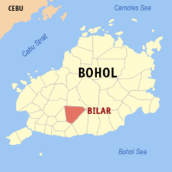 Mapa ng Bohol na nagpapakita sa lokasyon ng Bilar.