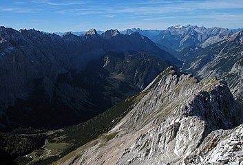 A far view to Wetterstein and Zugspitze from Hinterautal (Karwendel mountains)