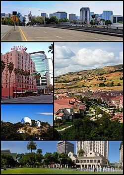 Images, frae top doun, left tae richt: Dountoun San Jose, De Anza Hotel, Eist San Jose suburbs, Lick Observatory, Plaza de César Chávez