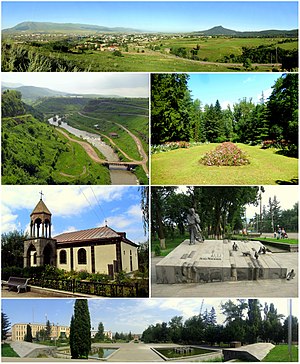 From top left: Panoramic view of Stepanavan Dzoraget River • Stepanavan Dendropark Surp Sarkis Church • Memorial to Sos Sargsyan Stepanavan central square