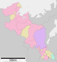 Mapa konturowa prefektury Kioto, na dole po prawej znajduje się punkt z opisem „Kiyomizu-dera”