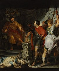 Olio su tela di Pieter Paul Rubens con Antoon van Dyck. Caio Muzio Scevola, a mezzo busto, di fronte al re Porsenna mette la mano sul fuoco acceso per mostrare al re la sua assoluta sicurezza nelle sue parole e determinazione nelle future azioni. In primo piano è presente il funzionario ucciso per sbaglio da Muzio Scevola con una spada conficcata esattamente nel petto. Sia Porsenna, seduto su un trono di legno lavorato poco realistico, che Caio Muzio si guardano fissi negli occhi nei quali brucia il fuoco.