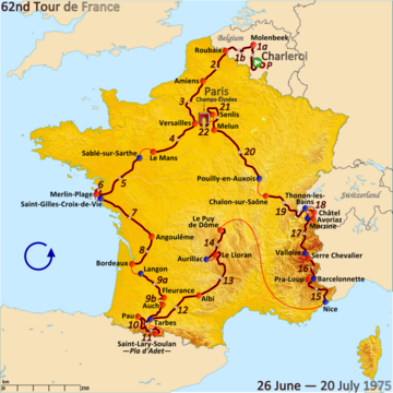 Map of France with the route of the 1975 Tour de France