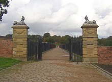 Photograph of stone and brick Sphinx gate piers at Temple Newsam, c. 1760 by Lancelot Brown based on designs published by Lord Burlington in 1738 and used at Chiswick