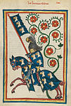 Ejemplo de Escudo, estandarte y yelmo armados del Codex Manesse de Hartmann von Aue, caballero alemán del siglo XIII.