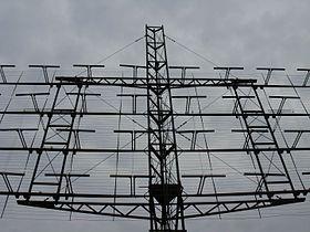 108 MHz reflective array antenna of an SCR-270 radar used during World War II consists of 32 half-wave dipole antennas in front of a reflecting screen.