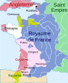1365 (après les traités de Brétigny et de Guérande) : Territoires contrôlés par Édouard III d'Angleterre en 1337 Territoires cédés par la France à l'Angleterre par le traité de Brétigny Territoires contrôlés par Jean II le Bon Territoires contrôlés par Charles IV de Luxembourg
