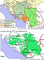 Revendicările Serbiei și Muntenegrului în timpul Primului Război mondial și populația sârbească (verde)