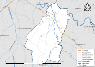 Carte en couleur présentant le réseau hydrographique de la commune