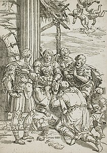 Adoración de los Magos, xilografía de Andrea Andreani por dibujo de Aurelio Luini.