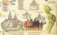 Ararat depicted vertically (right) on a 1691 map by Eremya Çelebi along with Etchmiadzin Cathedral and other churches of Vagharshapat.[186]