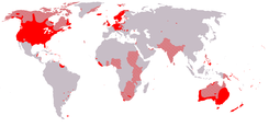 Weltwiiti Verbreitig vo de germanische Schprache. Dunkelrot sind d Gebiet mit ere germanisch schprechende Mehrheit. Hellrot sind die Gebiet dargschtellt, wo e germanisch schprechendi Bevölkerig vo mindeschtens 10% uufwiised.