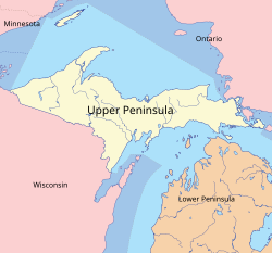 The Upper Peninsula is bordered by the Lower Peninsula, Wisconsin, Minnesota, and Ontario