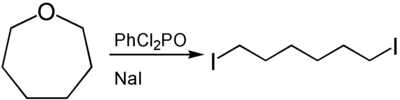 Synthese van 1,6-di-joodhexaan uit oxepaan.