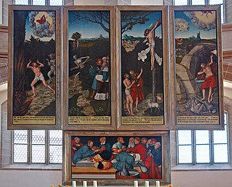 El llamado "retablo" o "altar Schneeberger" (Wolfgangskirche, Schneeberg),[136]​ de Lucas Cranach el Viejo, 1532–1539 (vista anterior -recto-).