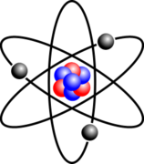 Stylised atom with three Bohr model orbits and stylised nucleus.png