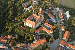 Aerial view of the castle in the town