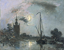 Overschie bij maneschijn (1871) van Jongkind, die de jonge Monet ten voorbeeld was.