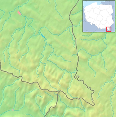 Mapa konturowa Bieszczadów Zachodnich, blisko górnej krawiędzi znajduje się czarny trójkącik z opisem „Turnica”