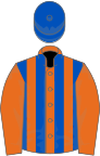 Orange and royal blue stripes, orange sleeves, royal blue cap