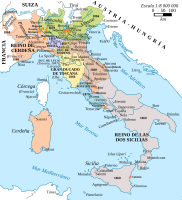 Territorios sucesivamente incorporados al Reino de Italia. En anaranjado pálido, el Reino de Piamonte-Cerdeña, fue el núcleo a partir del cual se incorporan los territorios austriacos (en verde) de Lombardía (1859) y Véneto (1866), el Reino de Nápoles (1860, en gris), los territorios de Italia central (1860, varios colores) y por último, los Estados Pontificios en torno a Roma (1870).