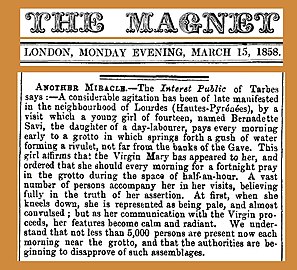 Article du 15 mars 1858 sur le Magnet de Londres, sur les événements à Lourdes.